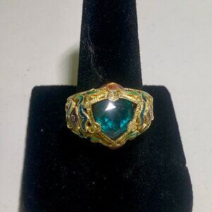 Barbara Garwood Teal Topaz Ring Mongolian Art 14K over Silver